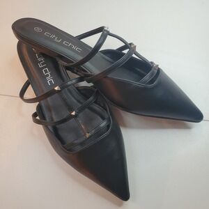 City Chic Azelea Black Studded Caged Pointed Toe Slides/Mules Wide Fit 38 7W